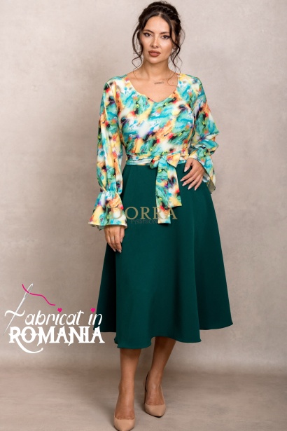 Rochie cocktail Akiko din stofa si vascoza imprimata, cu maneca lunga si cordon